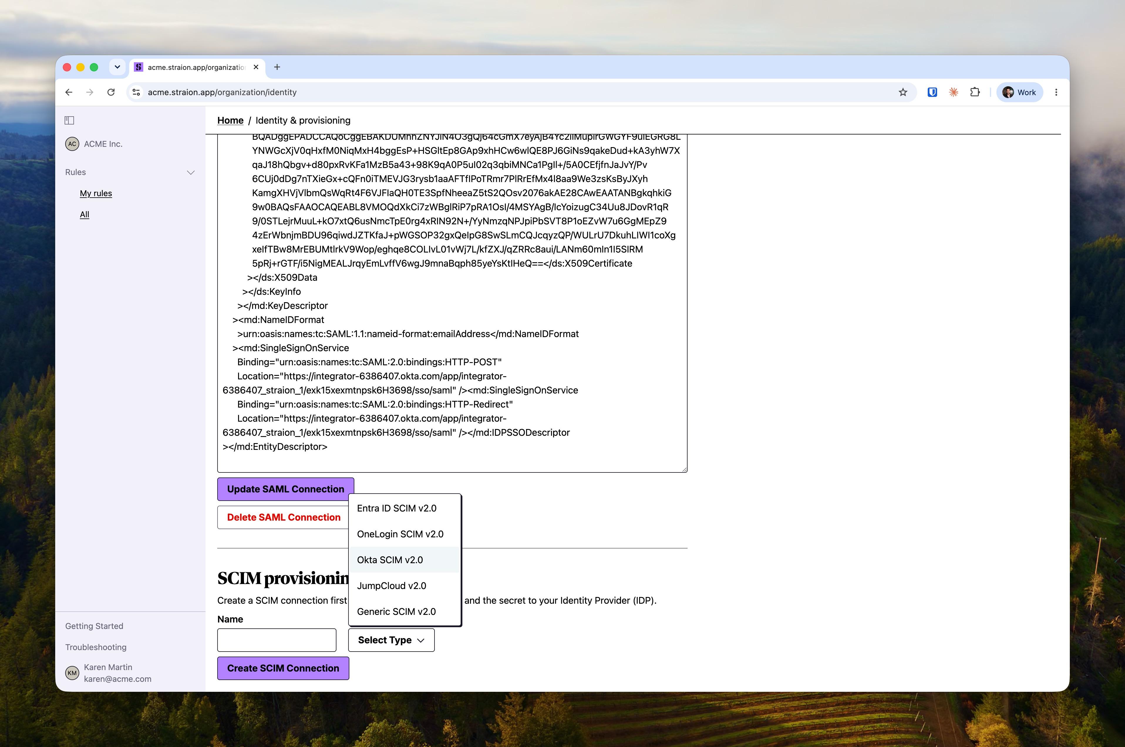 The SCIM provisioning form with the connection type dropdown open, listing Entra ID, OneLogin, Okta, JumpCloud, and Generic SCIM v2.0