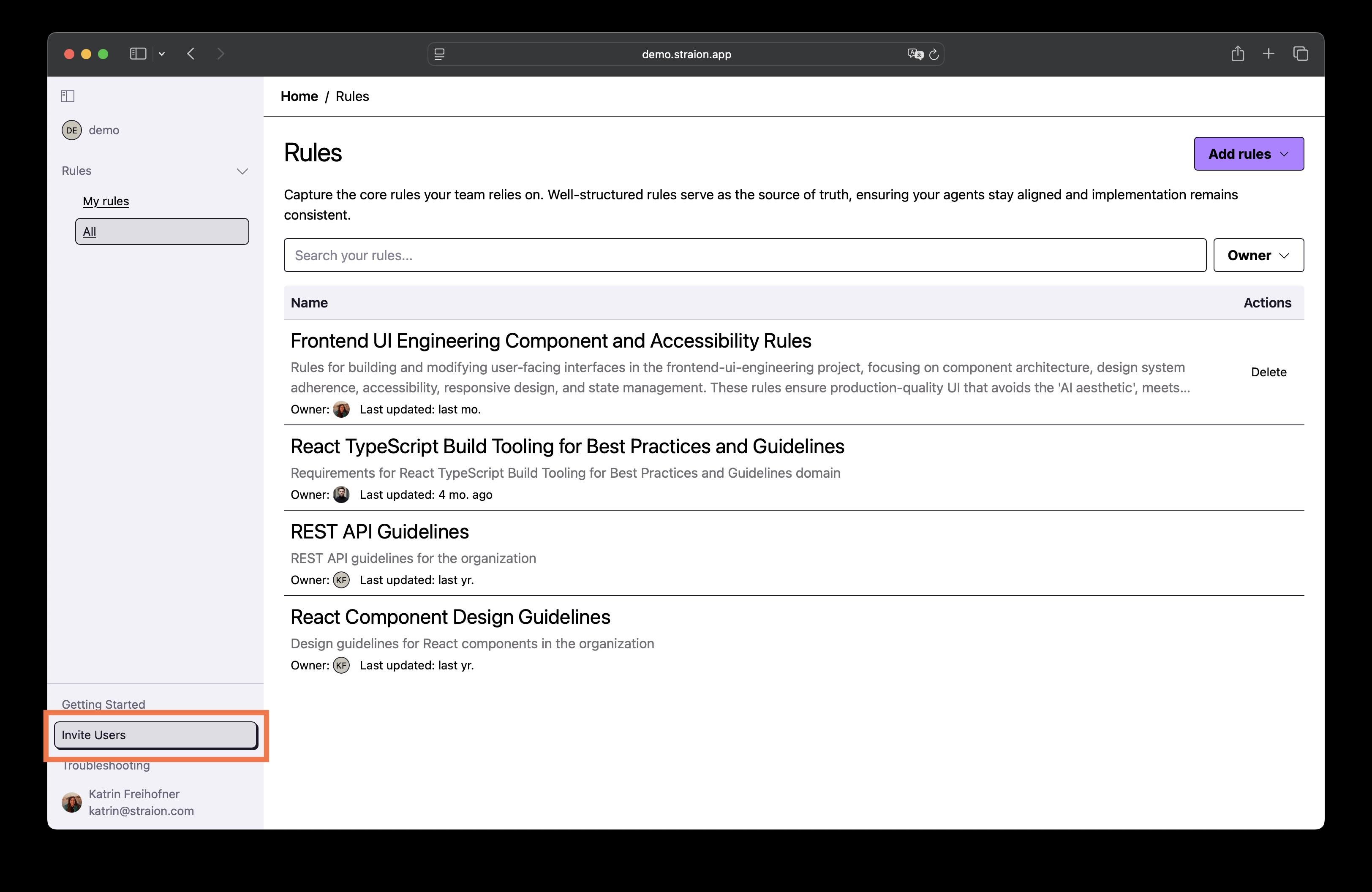 The Rules page with the Invite Users navigation highlighted in the bottom-left sidebar