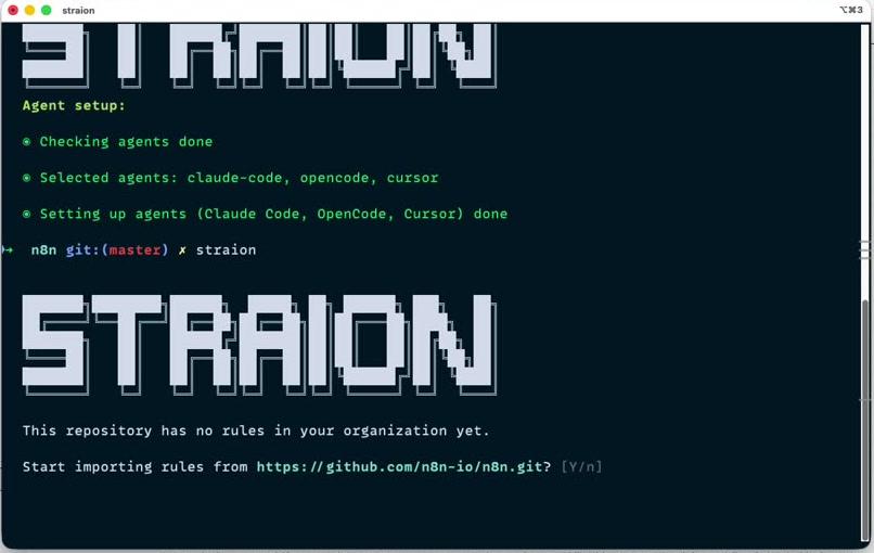 The Straion CLI in a terminal, detecting that the repository has no rules yet and prompting to start importing rules from the repository's GitHub URL