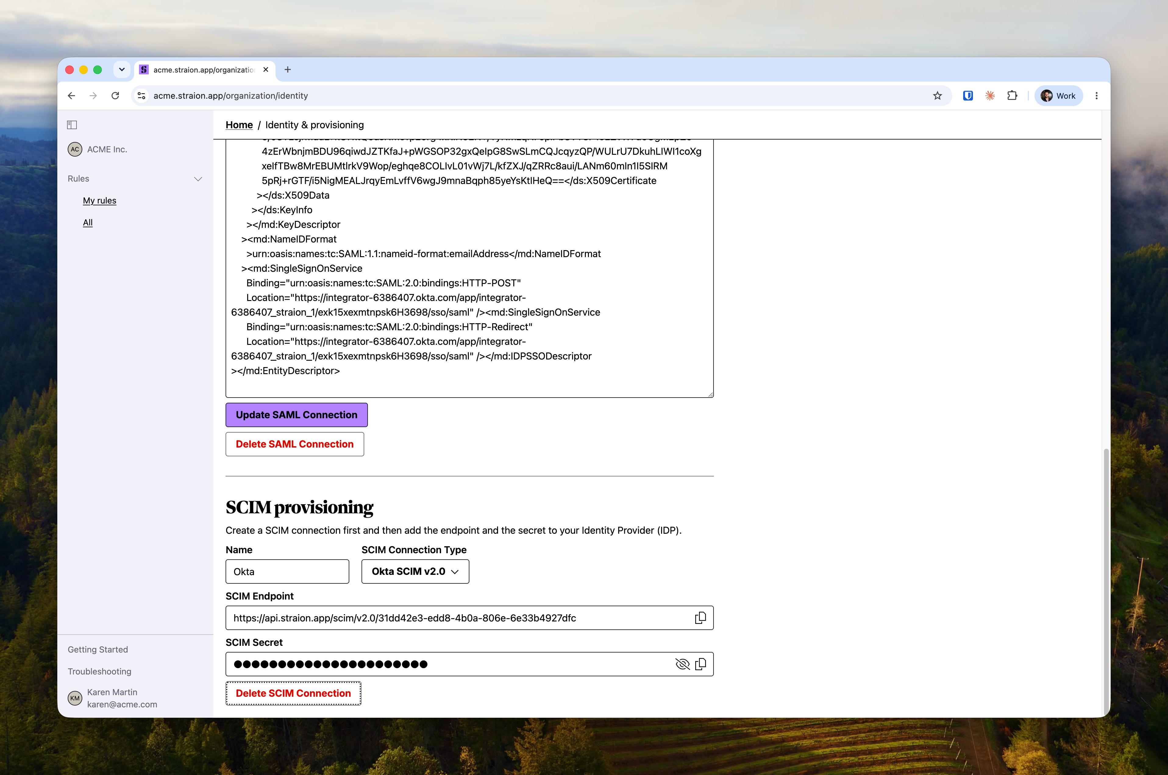The created SCIM connection showing the SCIM endpoint URL and the masked SCIM secret with reveal and copy buttons