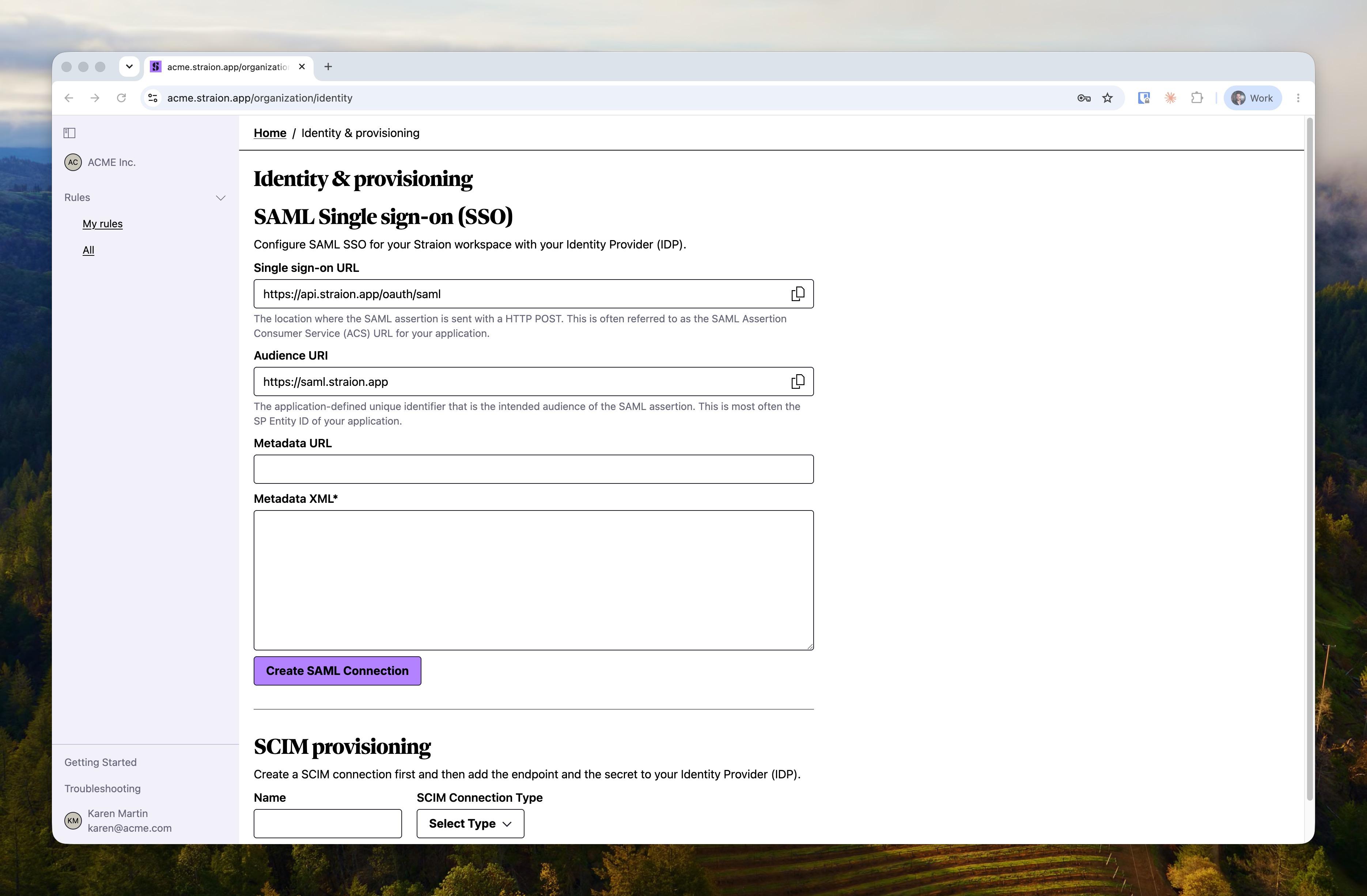 The Identity & provisioning page showing the Single sign-on URL and Audience URI copy fields and the empty SAML connection form