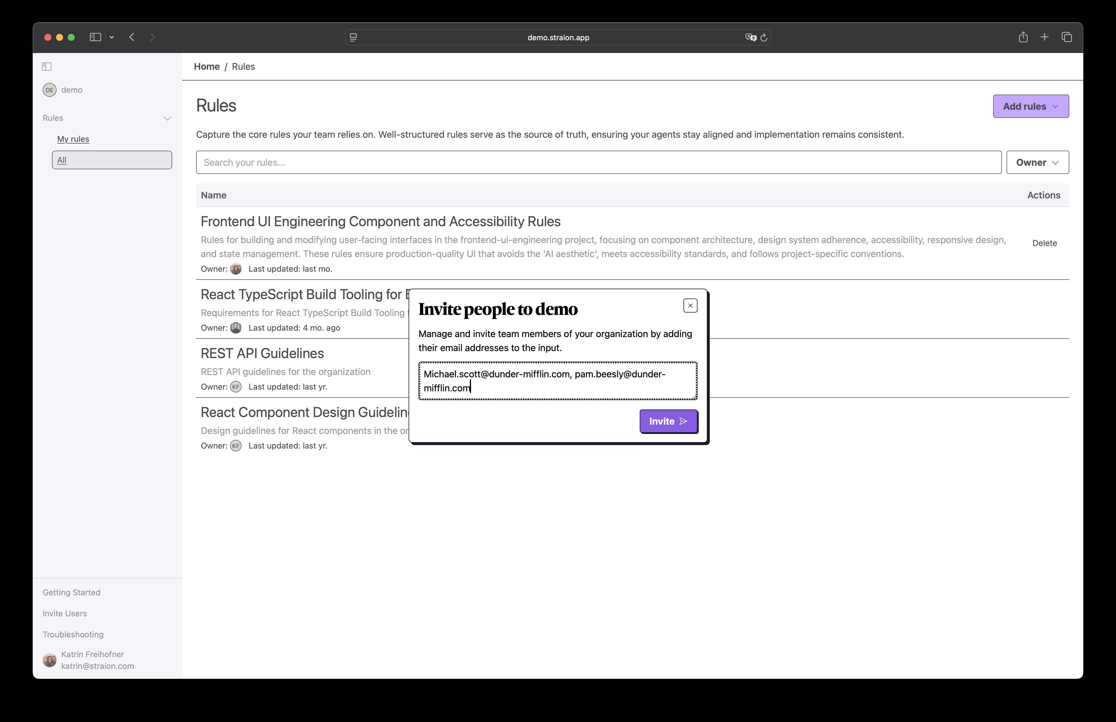 The 'Invite people to demo' dialog with two comma-separated email addresses entered