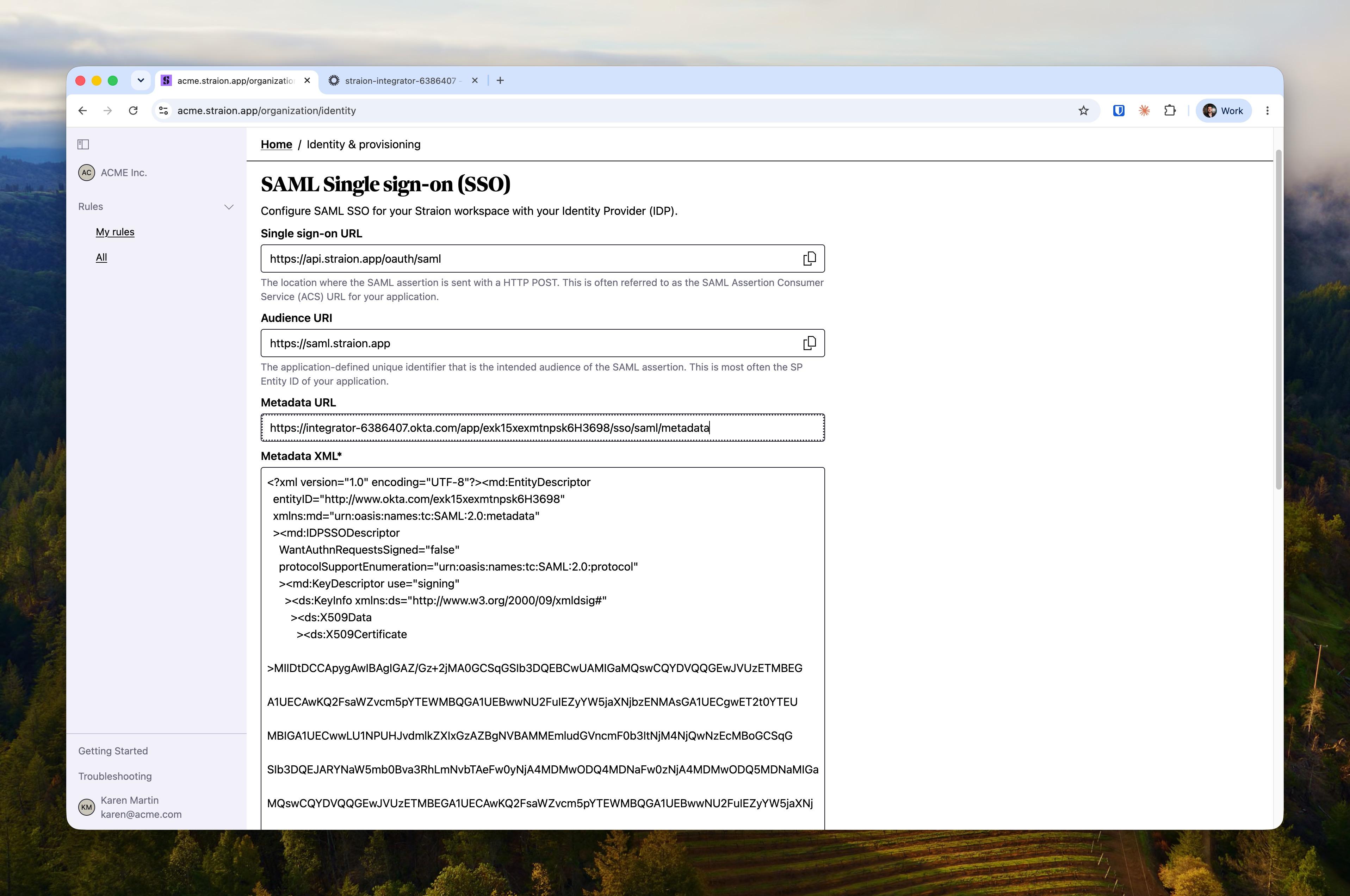 The Straion SAML form with the Okta metadata URL entered and the metadata XML fetched automatically