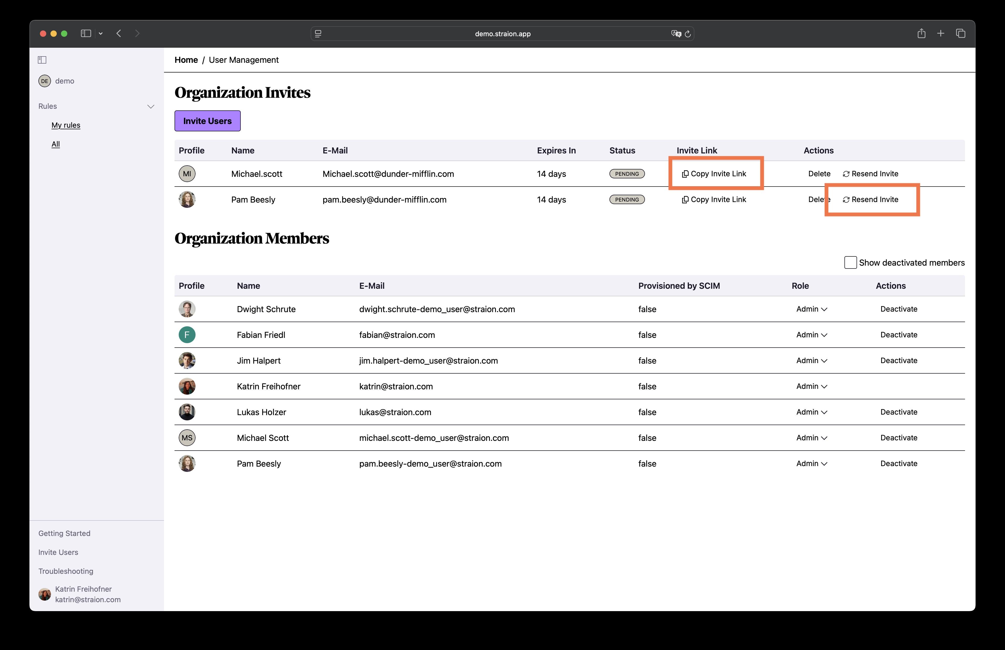 The User Management page showing pending organization invites with Copy Invite Link and Resend Invite actions highlighted