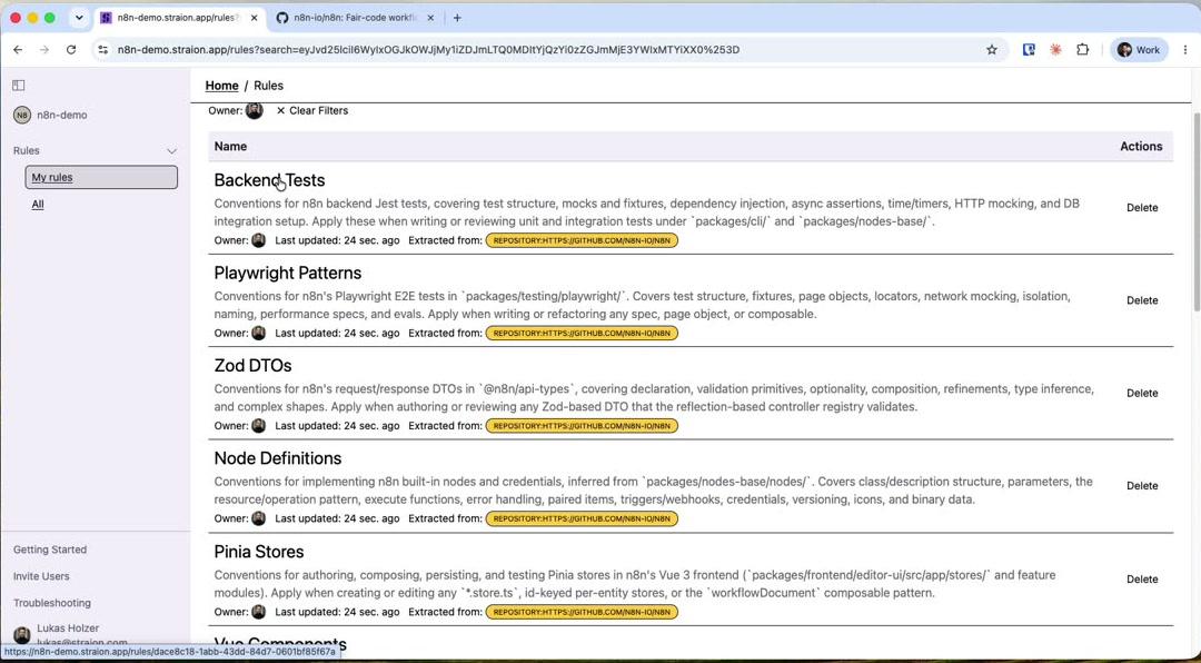 The Straion Rules page listing imported collections such as Backend Tests, Playwright Patterns, Zod DTOs, and Node Definitions, each with a description and an 'Extracted from' repository badge