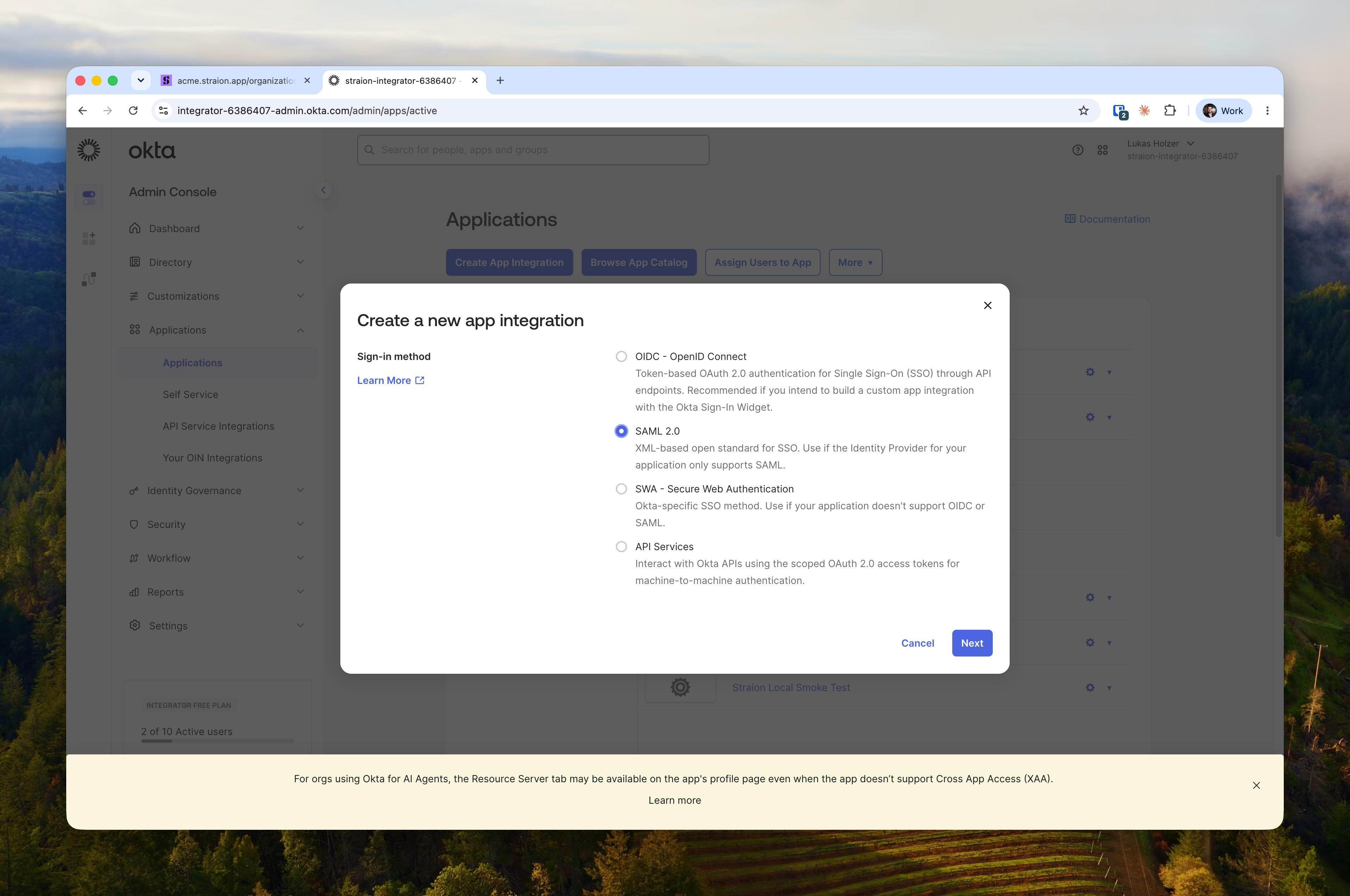 Okta's Create a new app integration dialog with the SAML 2.0 sign-in method selected