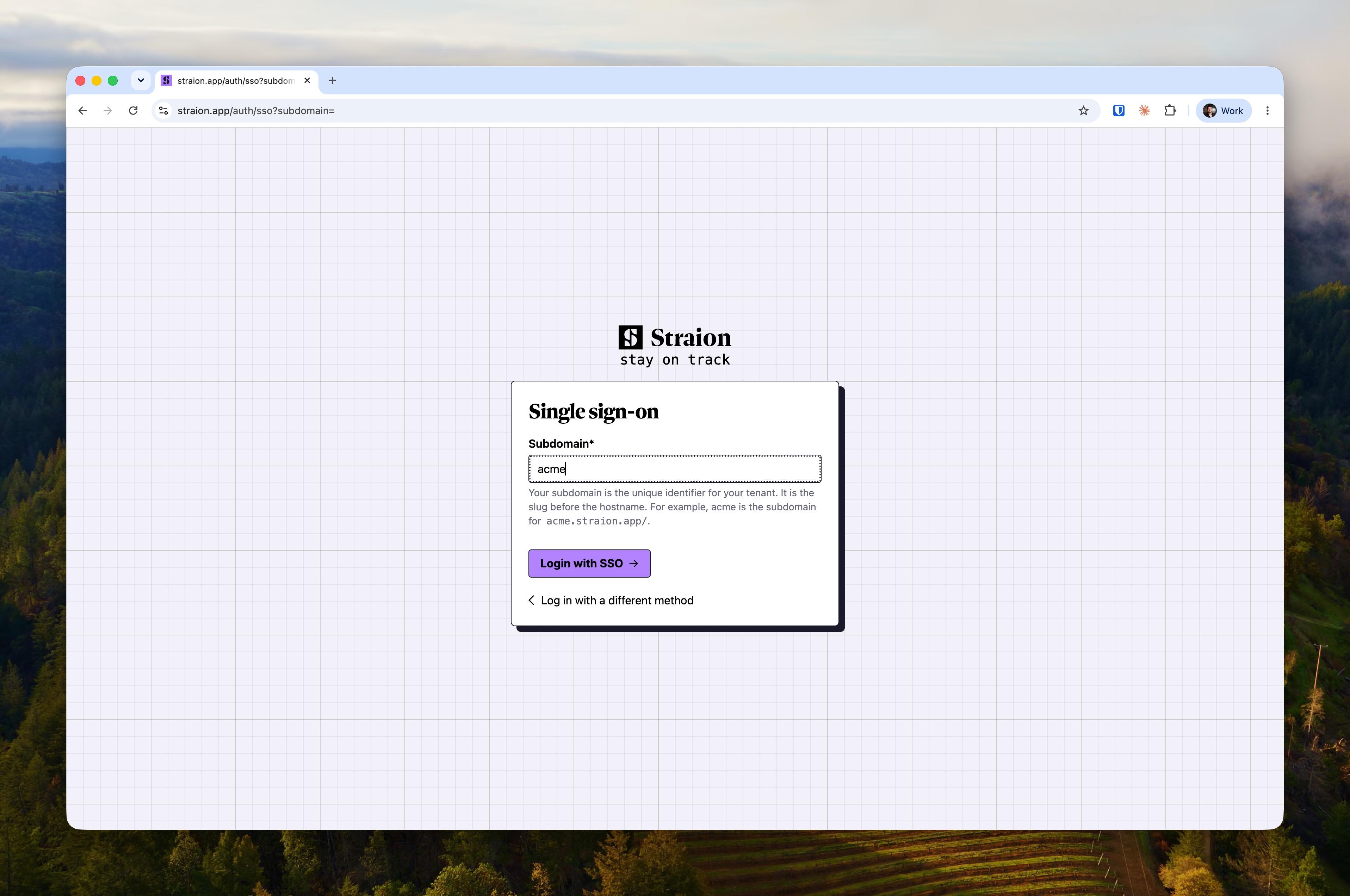 The Single sign-on login page asking for the organization subdomain