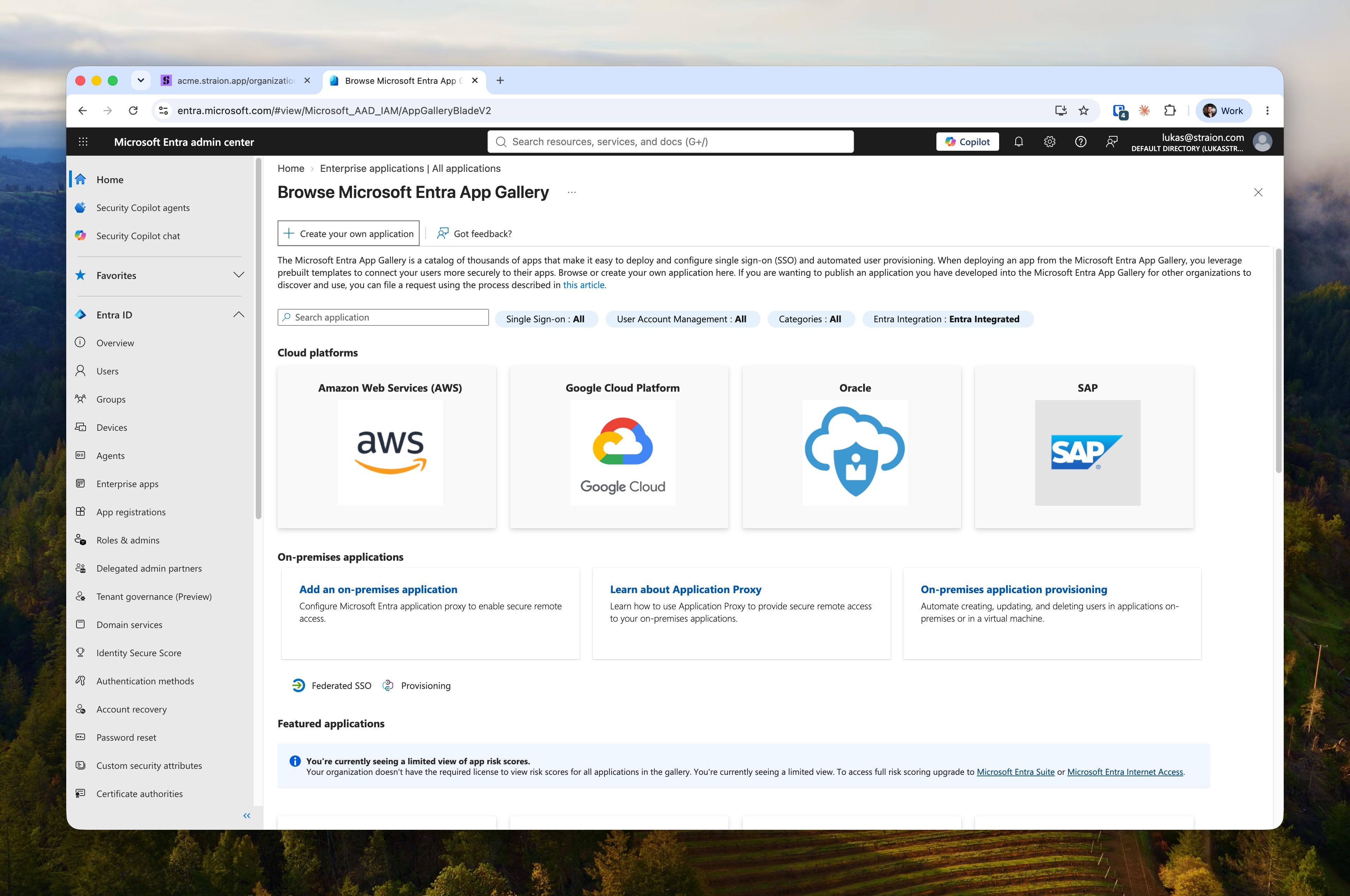 Entra's Create your own application panel with the name Straion and the non-gallery option selected