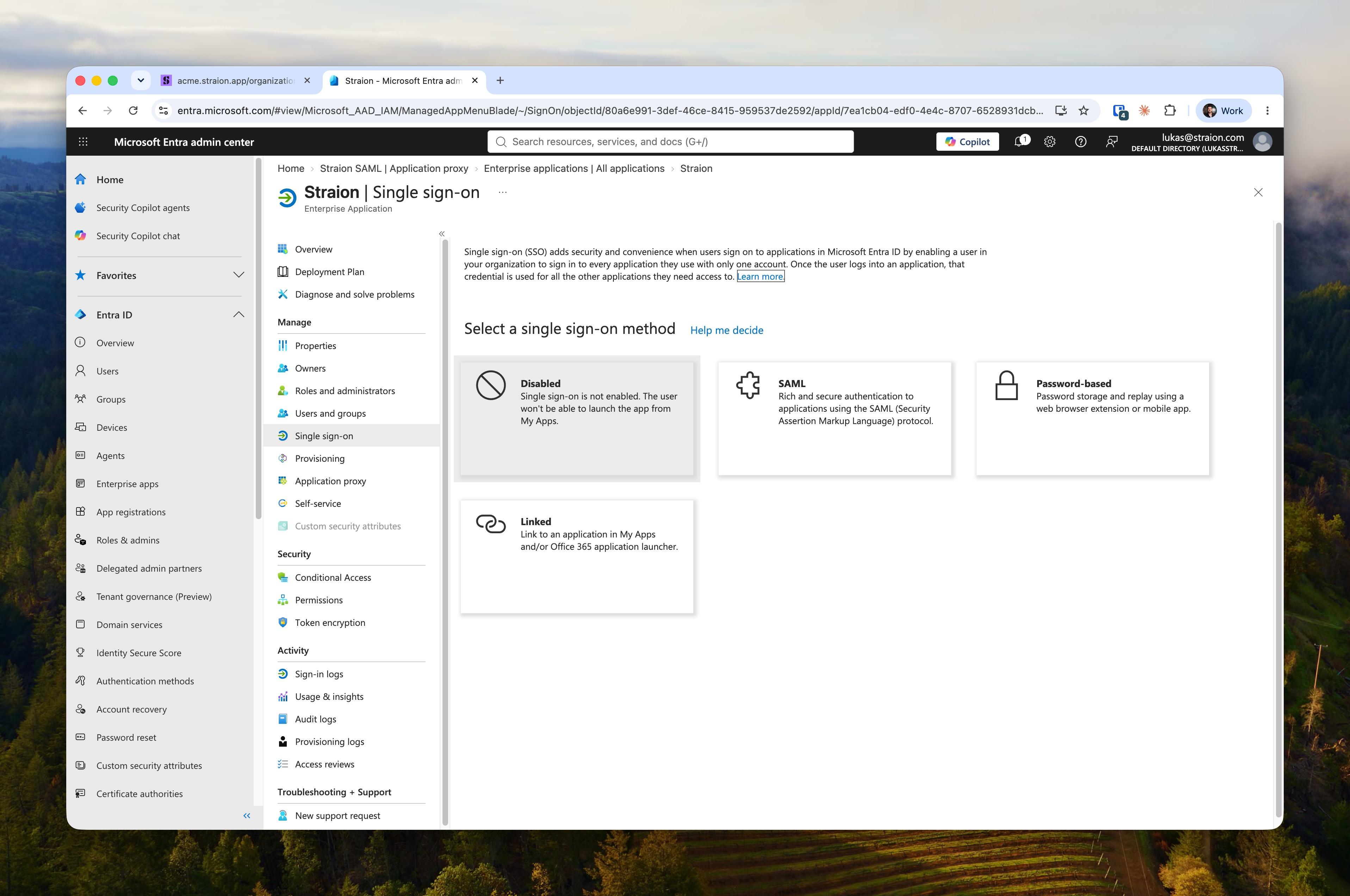 Entra's single sign-on method selection with the SAML option