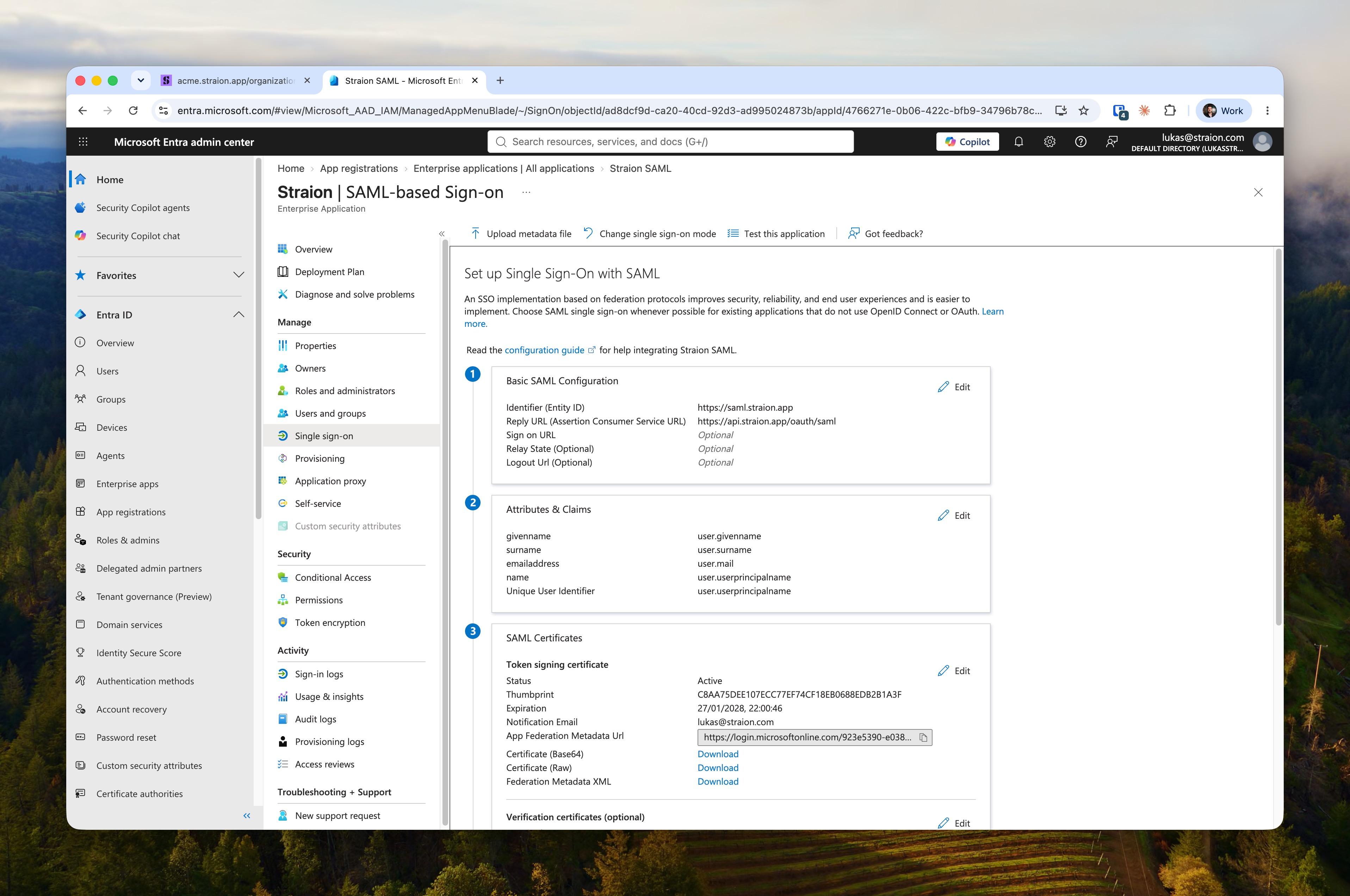 Entra's SAML-based sign-on page with the Straion identifier, reply URL, claims, and signing certificate configured