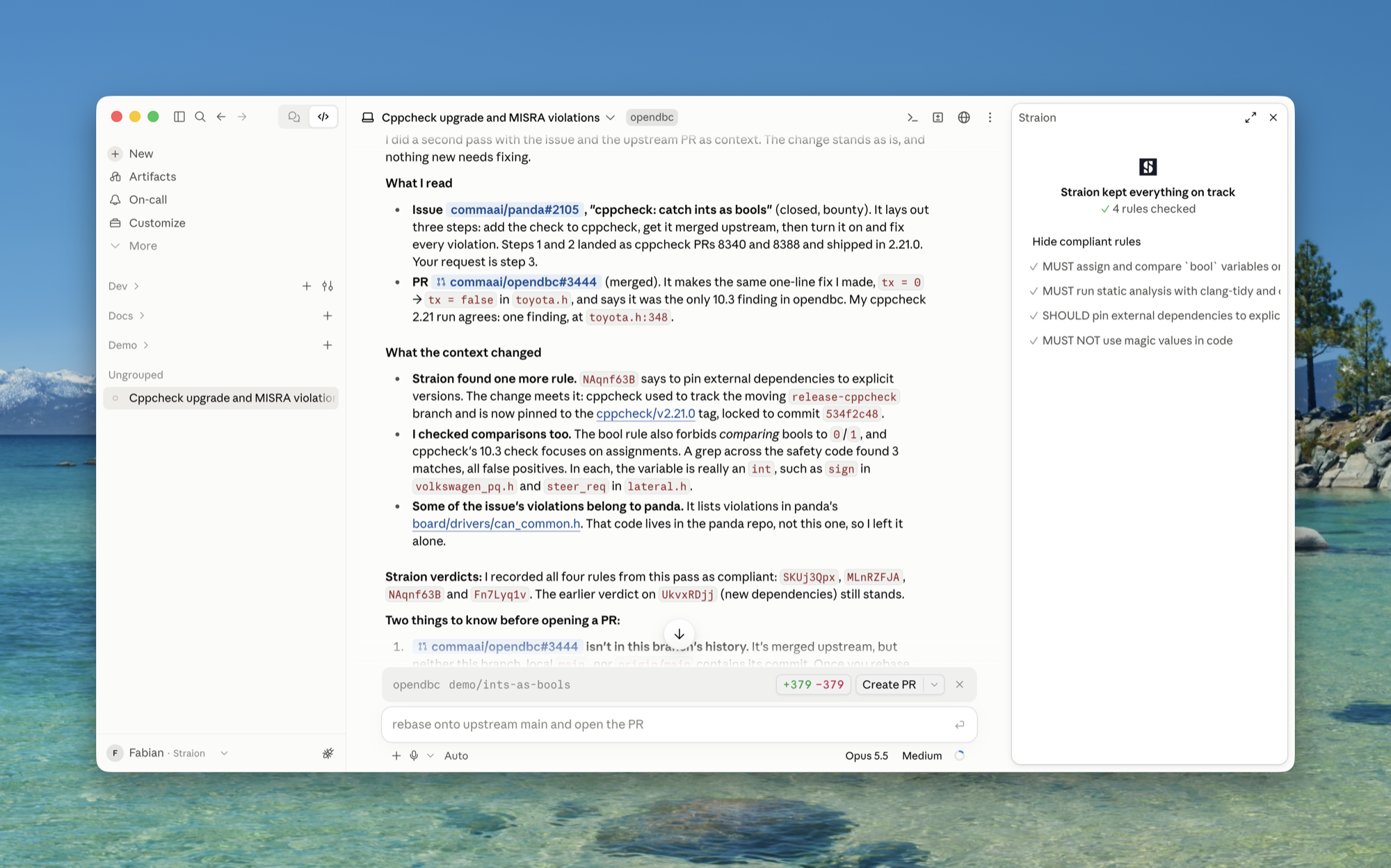 The Claude Code desktop app. On the right, the Straion pane says Straion kept everything on track, with 4 rules checked, followed by an expanded list of four compliant rules