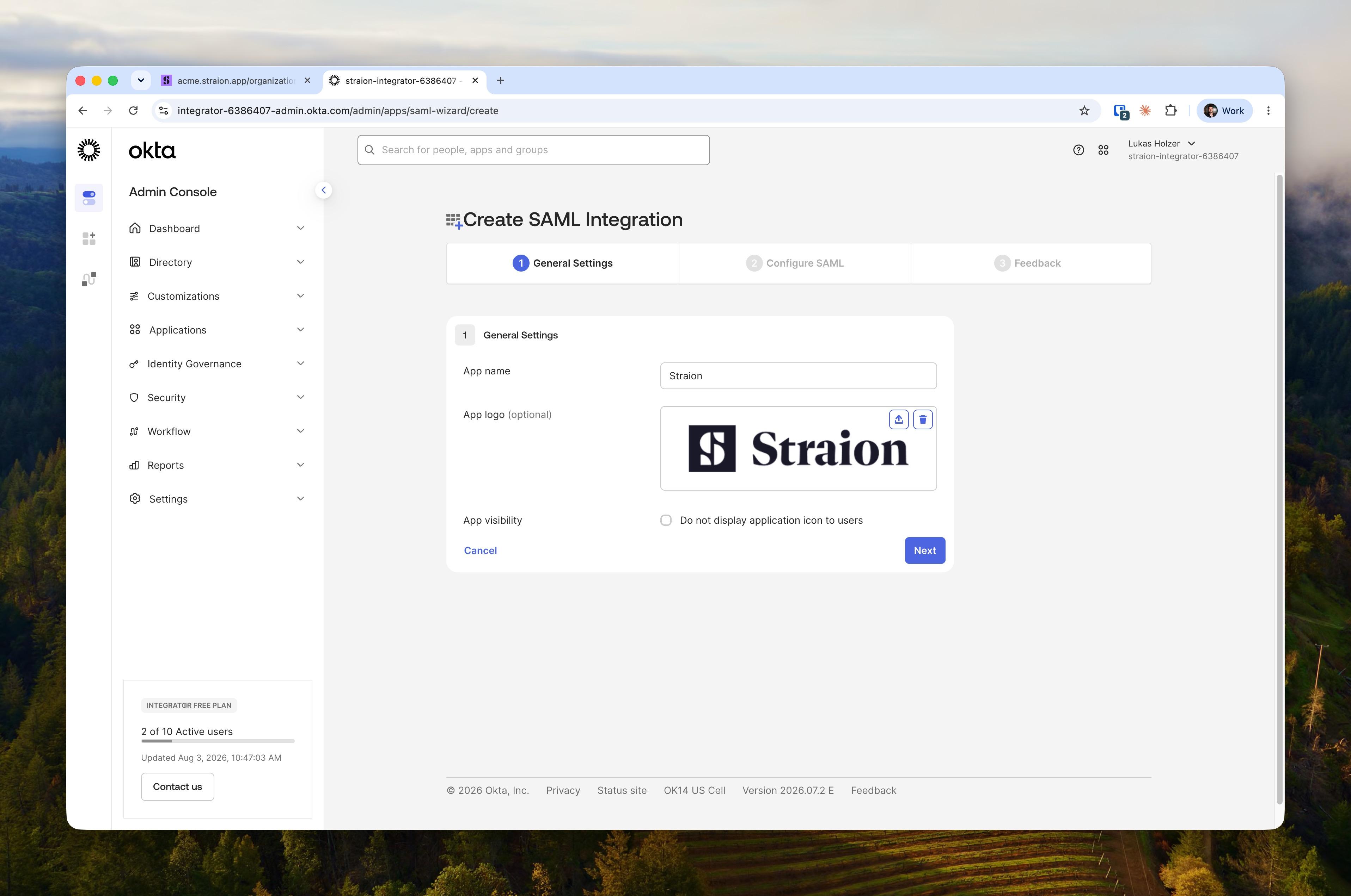 Okta's Create SAML Integration wizard with the first step General Settings